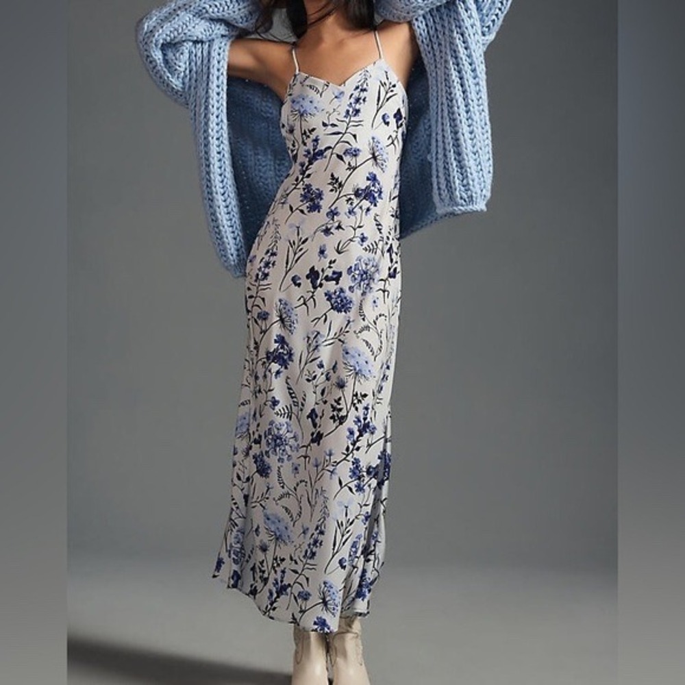 Favorite Daughter‎ Blue White Floral Satin Maxi Slip Dress XL Adjustable Straps